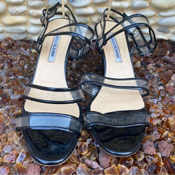 Manolo Blahnik Black & Clear Patent Leather Wedge Sandals. Size 7.5 (38). EUC! - Picture 2 of 6